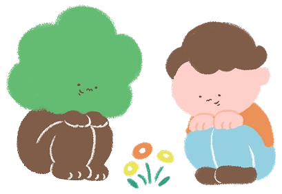 花を見る男の子とツリーくん